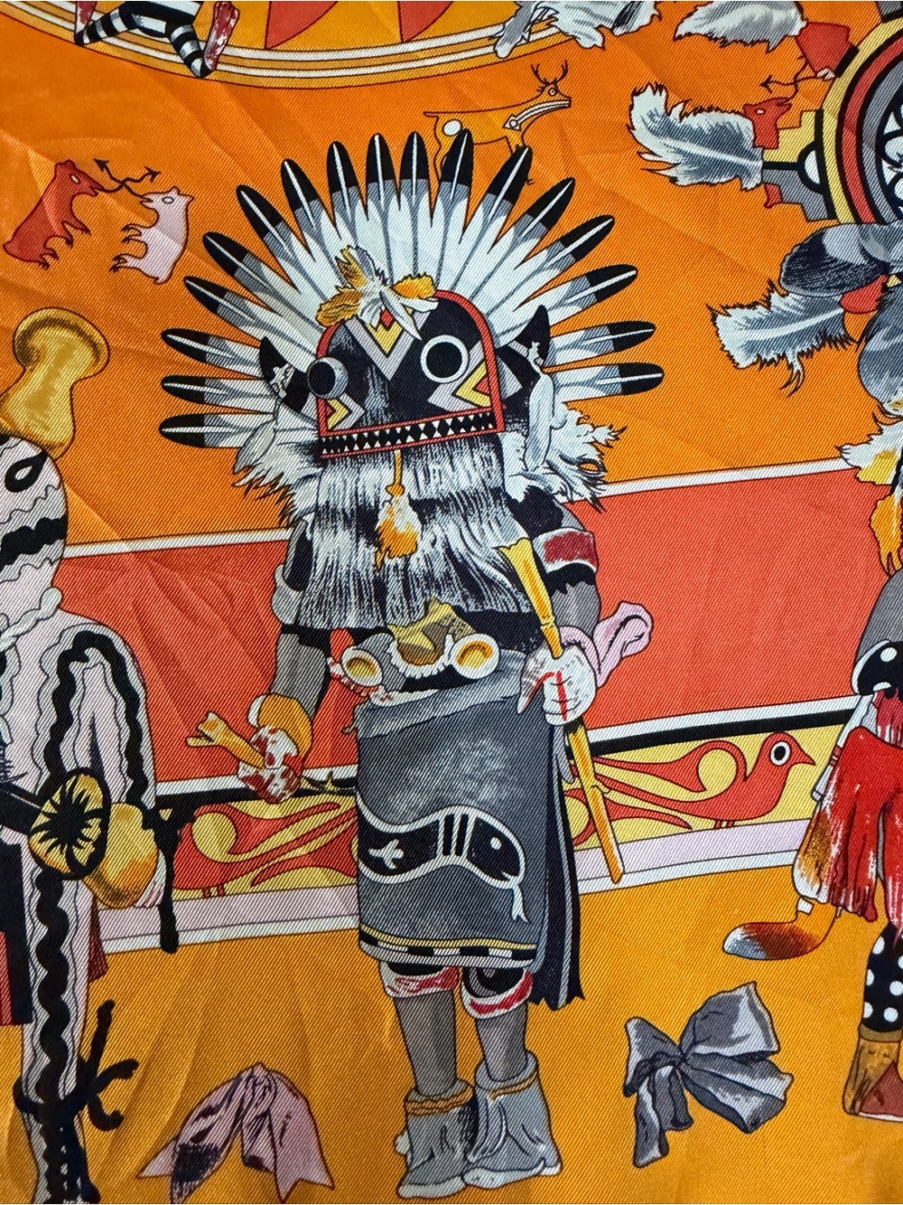Hermès Orange Kachinas Silk Scarf By Kermit Oliver. - Picture 4 of 15